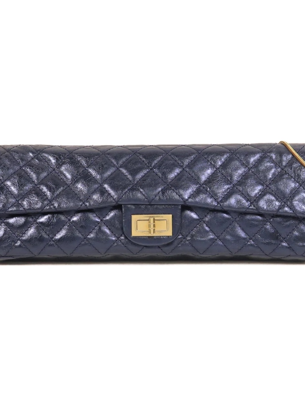 CHANEL EAST WEST Quilted Navy Leather Clutch with Gold Turn-Lock EXTRA LONG